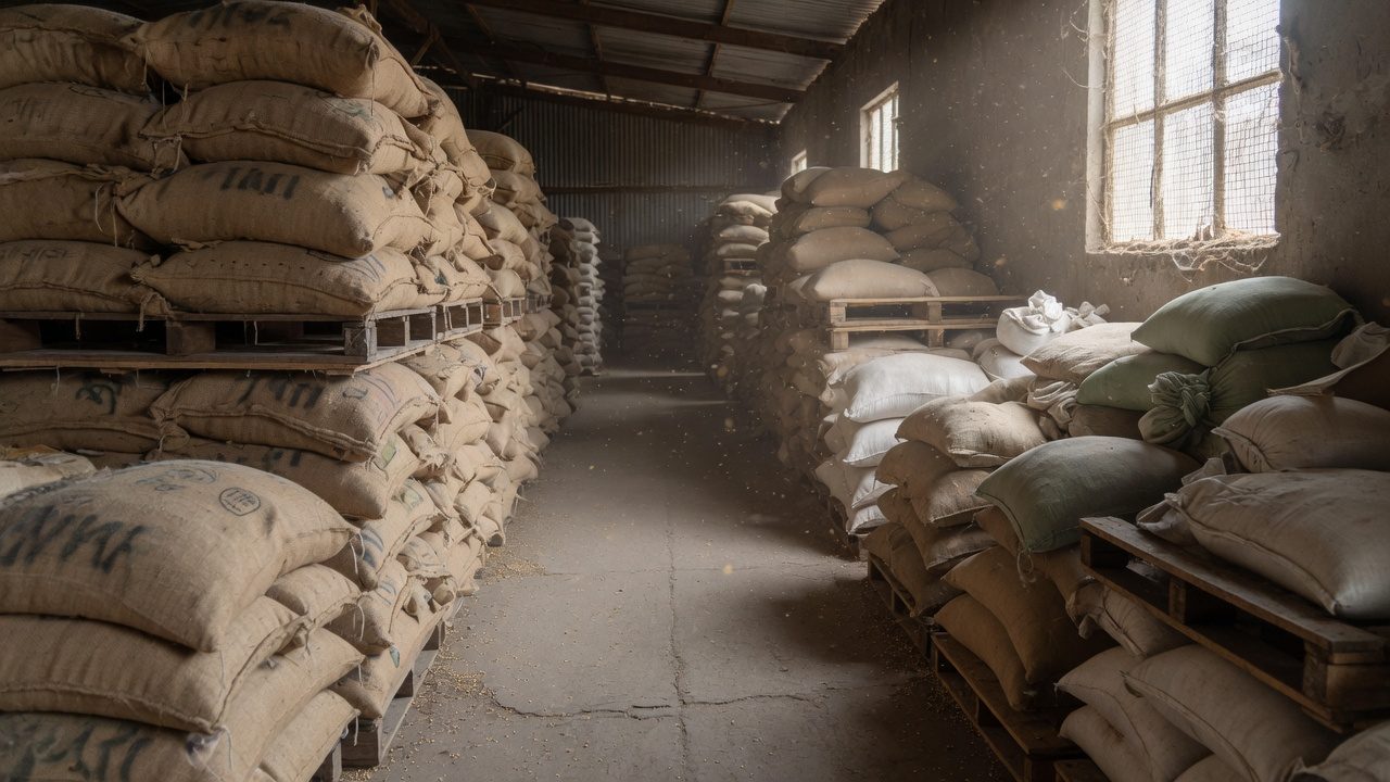Unlabeled grain sacks on pallets in a warehouse aisle, shown as an illustration of wholesale agricultural inputs.